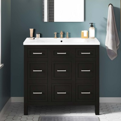 NicBex Bathroom Vanity with Resin Sink, 2 Spacious Cabinet Doors with 2 Double-tier Shelves and 4 Drawers for Bathroom, Black