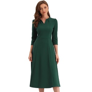 INSPIRE CHIC Women's Elegant Split Neck Side Zipper Pockets 3/4 Sleeve Work A-Line Dress - 1 of 4