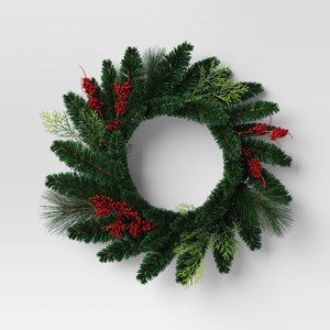 20" Christmas Unlit Mixed Greenery Wreath Red Berries - Wondershop™ - 1 of 3