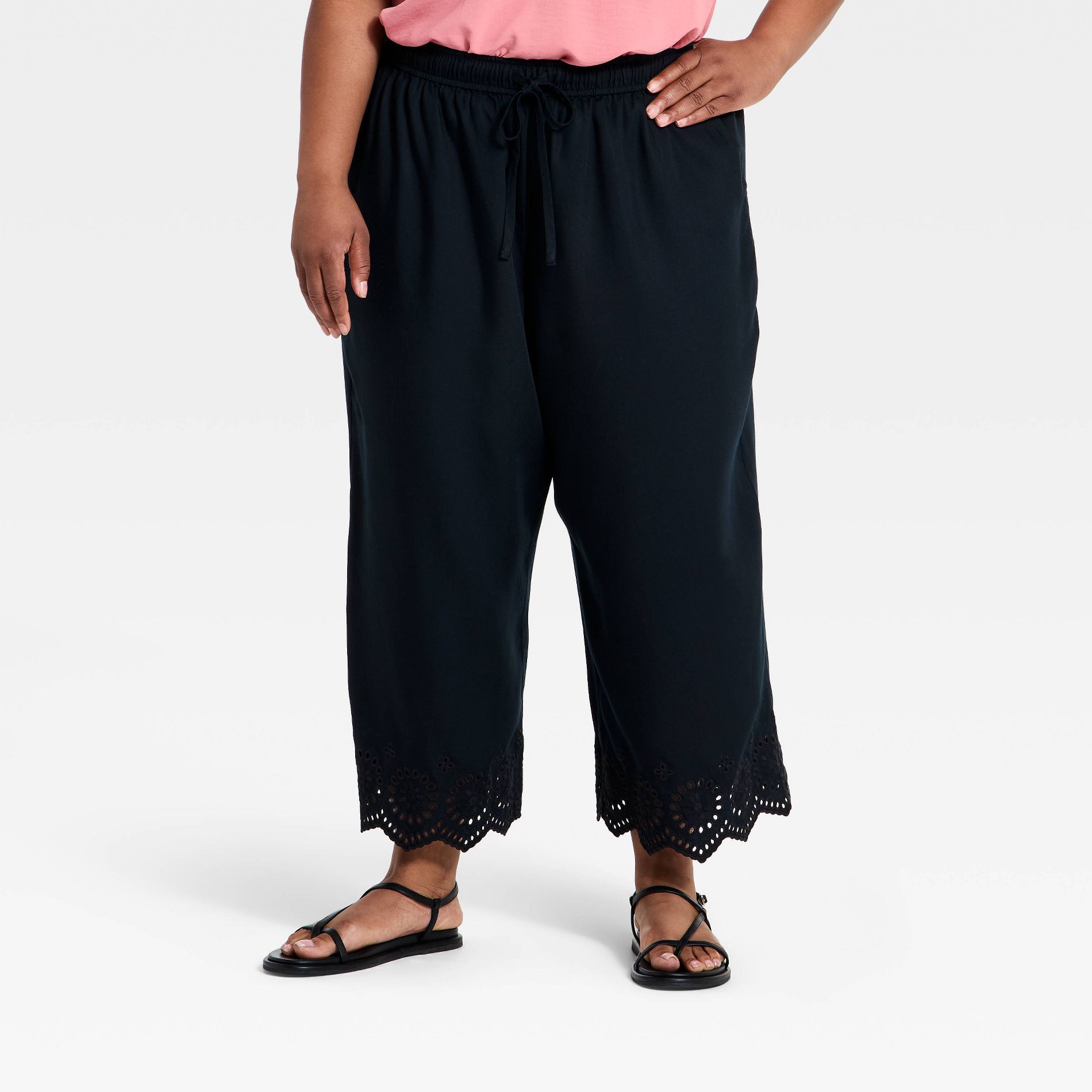 Women's Embroidered Wide Leg Pull-On Pants - Ava & Viv™ Black