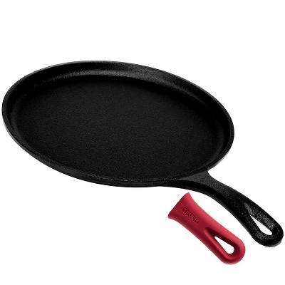 Cuisinel 10.5'' Black Cast Iron Round Griddle with Red Silicone Handle