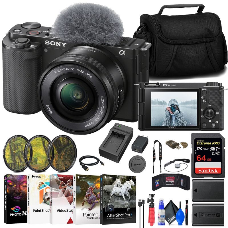 Sony ZV-E10 Mirrorless Camera w/ 16-50mm Lens (Black) + Extra Battery + Software, 1 of 5