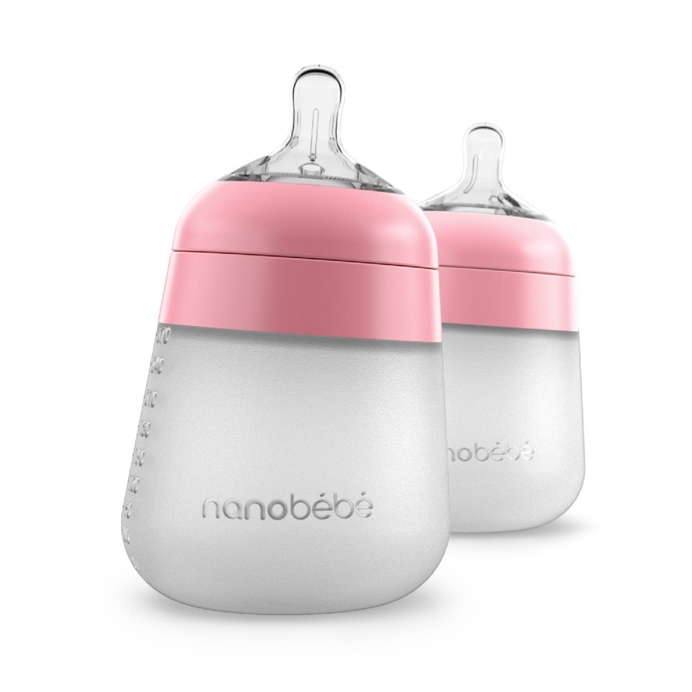 nanobebe Flexy Silicone Baby Bottle Anti-Colic Nipple, Soft Body, Stable Base - Pink - 9oz/2pk: BPA-Free, Lead-Free, Phthalate-Free