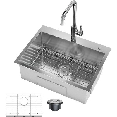 24x18 Inch Drop In Kitchen Sink, Stainless Steel Kitchen Single Bowl Sinks, Top Mount Workstation Sink, 2 Piece Set, with Pull-Down Faucet, Silver
