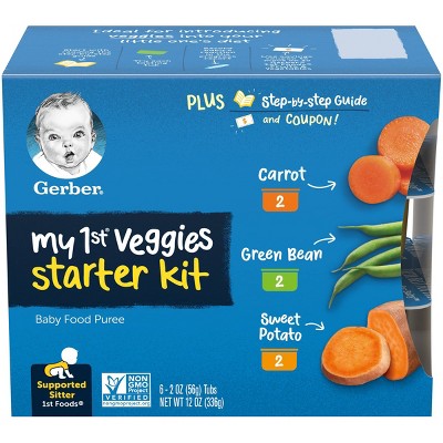 Gerber My 1st Veggies Starter Kit Carrot Green Bean Sweet Potato Baby Meals Tubs - 6ct/12oz