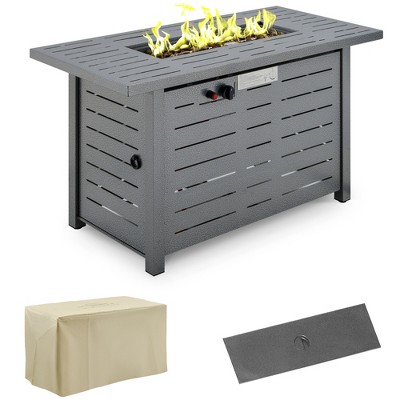 Outsunny 42.25" Propane Gas Fire Pit Table, 50,000 BTU Auto-Ignition Rectangular Gas Firepit with Slat Tabletop, Lid, Lava Rocks, Rain Cover