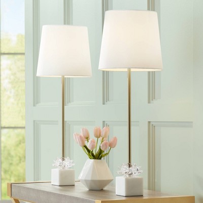 360 Lighting Phoebe Modern Glam Luxury Buffet Table Lamps 28 1/2" Tall Skinny Set of 2 Gold Metal White Tapered Drum Shade Glass Flower Accent Decor for Living Room House Home Dining Entryway