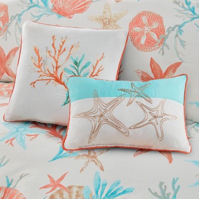 Coral and Teal Coastal Cotton Duvet Cover Set, Full/Queen, 6 Pieces