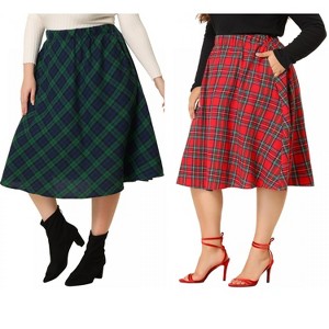 Agnes Orinda Women's Plus Size Plaid Elastic Waist Flare Fall Casual A-Line Skirts - 1 of 4