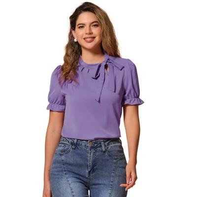 INSPIRE CHIC Women's Bow Tie Neck Solid Color Elastic Cuffs Elegant Office Short Sleeve Blouse