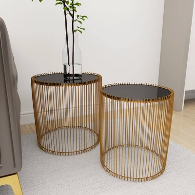 Elegant Gold Metal and Black Glass Round Accent Table Set