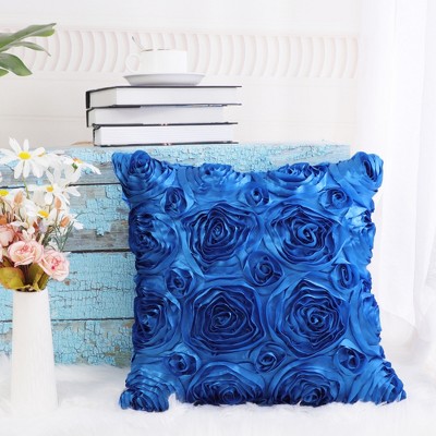 Royal Blue 3D Satin Rose Floral Throw Pillow Cover 16" x 16"