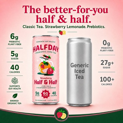 Halfday Prebiotic Iced Tea Strawberry Lemonade Half and Half - 12 fl oz Can