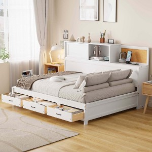 Sapphtopaz Wooden Daybed Bed Frame with 3 Drawers & Pushable Top Storage Shelf Platform Bed Frame with USB Ports & Outlets for Bedroom - 1 of 4