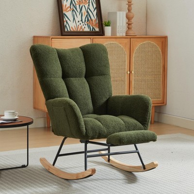Modern Nursery Rocking Chair with Footrest, Teddy/Corduroy Upholstered Glider Chair with High Backrest & Solid Wood Legs - ModernLuxe