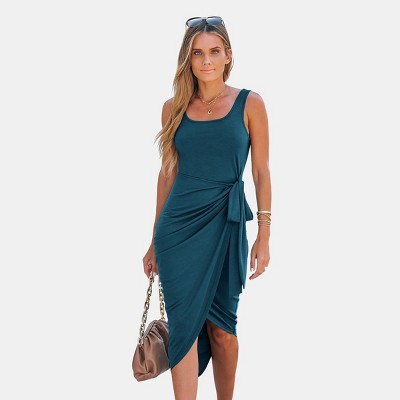 Elegant Draped Tank Dress with Side Slit - Cupshe-L-Blue