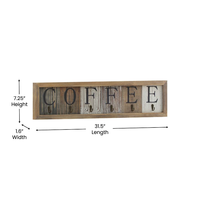 Merrick Lane Pheltz Wooden Wall Mount 6 Cup Distressed Wood Grain Printed COFFEE Mug Organizer with Metal Hanging Hooks, No Assembly Required, 5 of 11