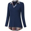 Women's Long Sleeve V Neck Contrast Collared Shirts Patchwork Work Blouse Tunics Tops - 2 of 4