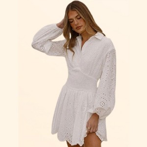 Clearlove Women Eyelet Summer Dress White Embroidery Long Sleeve Smocked  Waist V Neck Mini Skirt Scalloped Hem Elegant Boho Short Dresses, White -  XL : Target