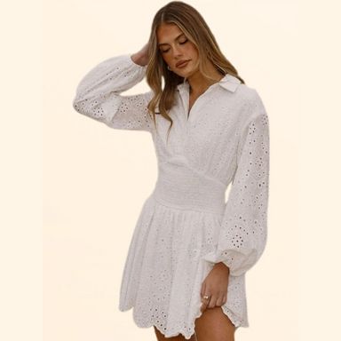 Clearlove Women Eyelet Summer Dress White Embroidery Long Sleeve Smocked  Waist V Neck Mini Skirt Scalloped Hem Elegant Boho Short Dresses, White - S  : Target