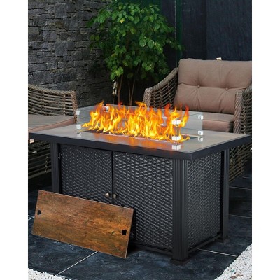 44 inch Propane Fire Pit Table,50000 BTU Fire Table with Ignition System,Outdoor Fire Table with Glass Rocks,Rain Cover and Wind Guard Glass Included