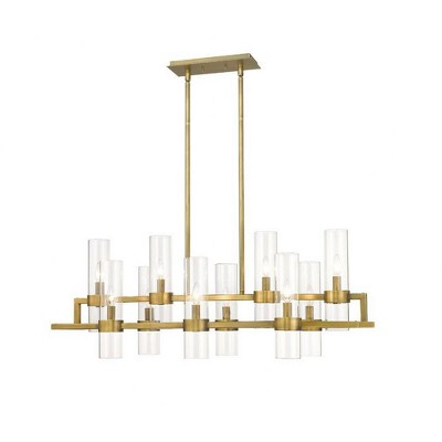 Datus 42.5" Rubbed Brass 10-Light Chandelier with Clear Glass Cylinders