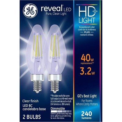 General Electric 2pk 40W Reveal Hd Filament Equivalent Deco Bc Blunt Tip Candelabra Base LED Light Bulb