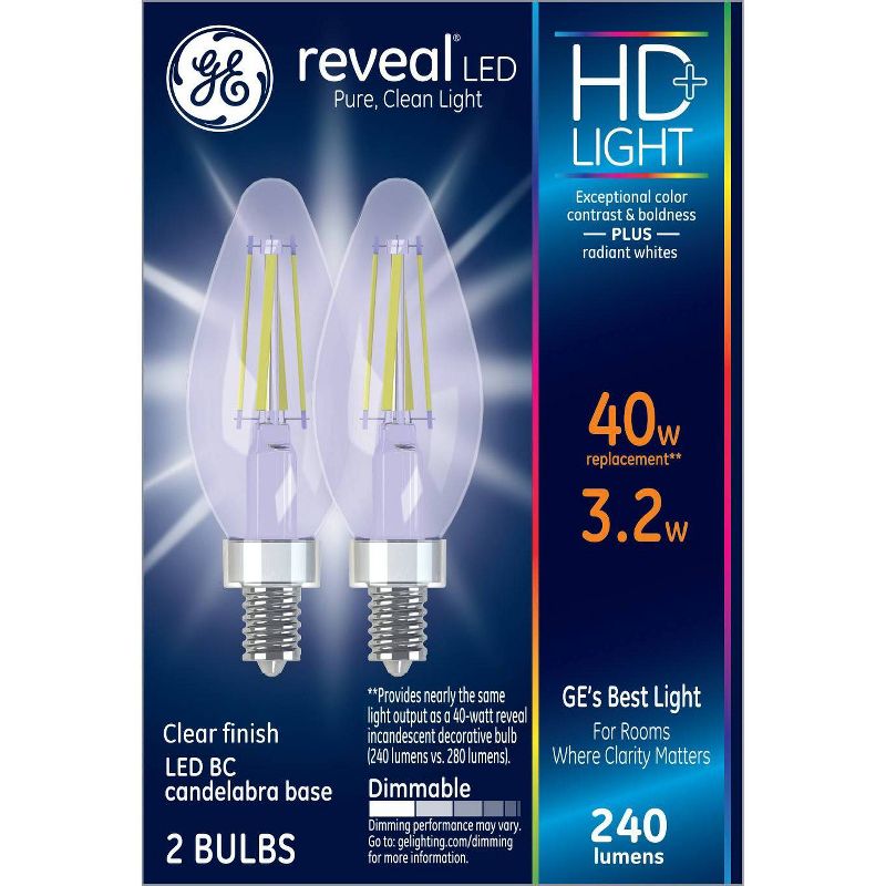 GE 2pk 40W Equivalent Reveal LED HD+ Light Bulbs Clear, 1 of 6