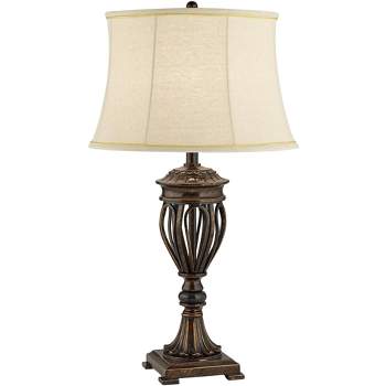 Regency Hill Traditional Table Lamp 29.5" Tall Bronze Open Urn Tan Drum Fabric Shade for Living Room Family Bedroom Bedside Nightstand Office