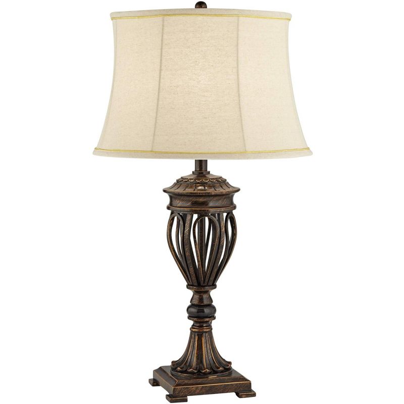 Regency Hill Traditional Table Lamp 29.5" Tall Bronze Open Urn Tan Drum Fabric Shade for Living Room Family Bedroom Bedside Nightstand Office, 1 of 10