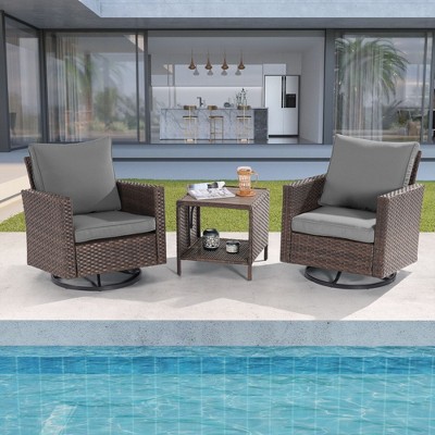 Sonkuki 3-Piece Patio Chair Set Brown Rattan Swivel Rocking Chair Set Coffee Table Suiting Backyard