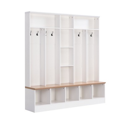 Vynxaria Freestanding White Coat Rack with Storage Bench, Shoe Cabinet, Multiple Cubes Storage, Shelves, 8 Hanging Hooks