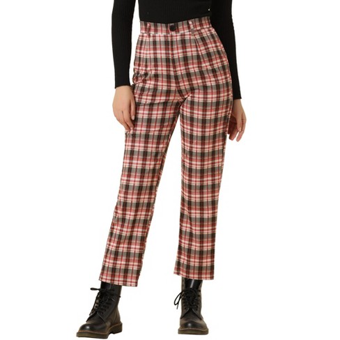 Allegra K Women's Plaid Tartan High Waisted Button Casual Pants Red Medium