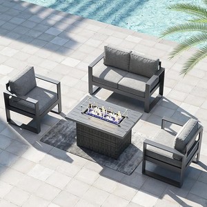 LayinSun 4 Pieces Aluminum Outdoor Patio Furniture Set, Metal Modern Conversation Sofa Set with Fire Pit Table and Washable Thick Cushions - 1 of 4