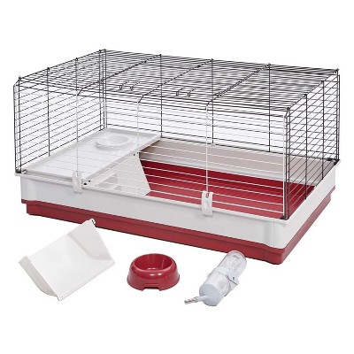 MidWest Homes for Pets 158 Wabbitat Indoor Deluxe Metal Wire Pet Rabbit Habitat Cage w/ Hay Feeder, Water Bottle, & Feeding Bowl, Red
