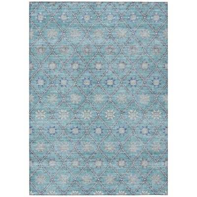 Teal Blue And Gray Floral Washable Indoor Outdoor Area Rug