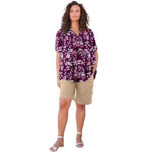 Roaman's Women's Plus Size Plus Size Tara Pleated Shirt – Adjustable 3/4 Sleeve Swing Tunic With Notch Collar - 1 of 4