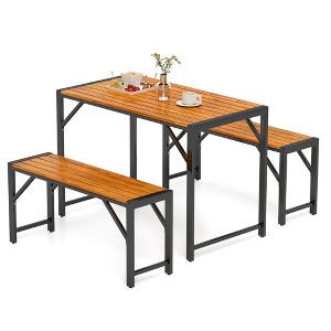 Tangkula 3 PCS Dining Set for 4 People Outdoor Picnic Table & 2 Benches w/ Metal Frame - 1 of 4