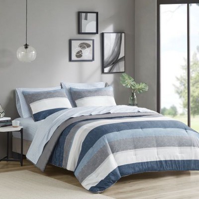 Sapphtopaz Twin Size 4 Piece Sheet Set, Stripe Comforter Set for Women, Men, Kids, Teens, Quilts Twin Size with Comfy Breathable Bed Sheets-Blue/Gray