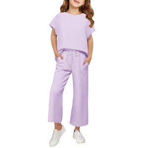 Mocamel Girl's Sports Simple Texture Casual Round Neck Short Sleeves and Loose Pant 2 piece Set - 1 of 4