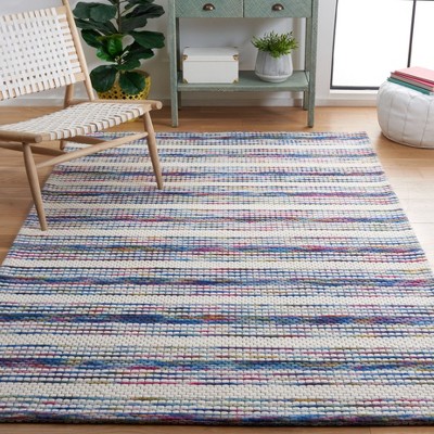 Elegant Ivory & Blue Handwoven 5' x 8' Flat Weave Wool Rug
