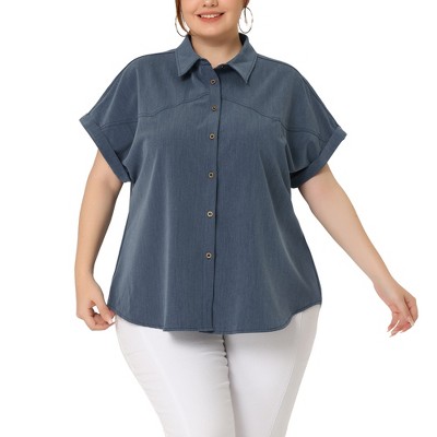 Agnes Orinda Women's Plus Size Chambray Work Roll Sleeves Buttons Down Shirts