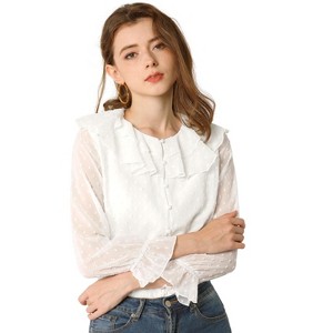 Allegra K Women's Ruffle Neck Polka Dot Button Front Sheer Chiffon Blouse - 1 of 4