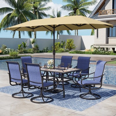 Captiva Designs 8pc Outdoor Wood-look Rectangle Steel Dining Table & Sling Swivel Chairs & Market Umbrella