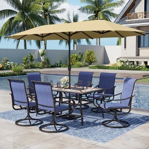 Captiva Designs 8pc Outdoor Wood-look Rectangle Steel Dining Table & Sling Swivel Chairs & Market Umbrella - 1 of 4