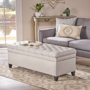 Okak Luxury ButtonTufted Storage Ottoman Bench Ottoman Foot Rest with Hidden Storage and Birch Wood Legs Bed Bench for Bedroom,Entryway, Light Gray - 1 of 4