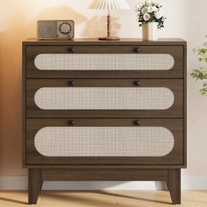 WhizMax 3 Drawer Wood Dresser,  Rattan Nightstand  Bedside  Table - 1 of 4