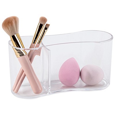 OnDisplay Clear Acrylic Makeup Brush & Sponge Organizer – 2-Compartment Cosmetic Holder for Vanity