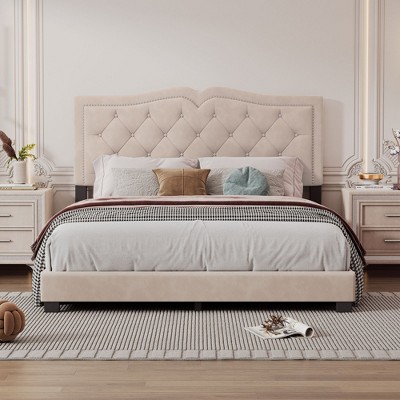 NicBex Full/Queen Size Upholstered Bed Frame with Velvet Tufted Headboard,Platform Bed Frame with Rivet Design,No Box Spring Needed,Easy Assembly