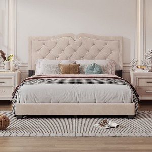 NicBex Full/Queen Size Upholstered Bed Frame with Velvet Tufted Headboard,Platform Bed Frame with Rivet Design,No Box Spring Needed,Easy Assembly - 1 of 4